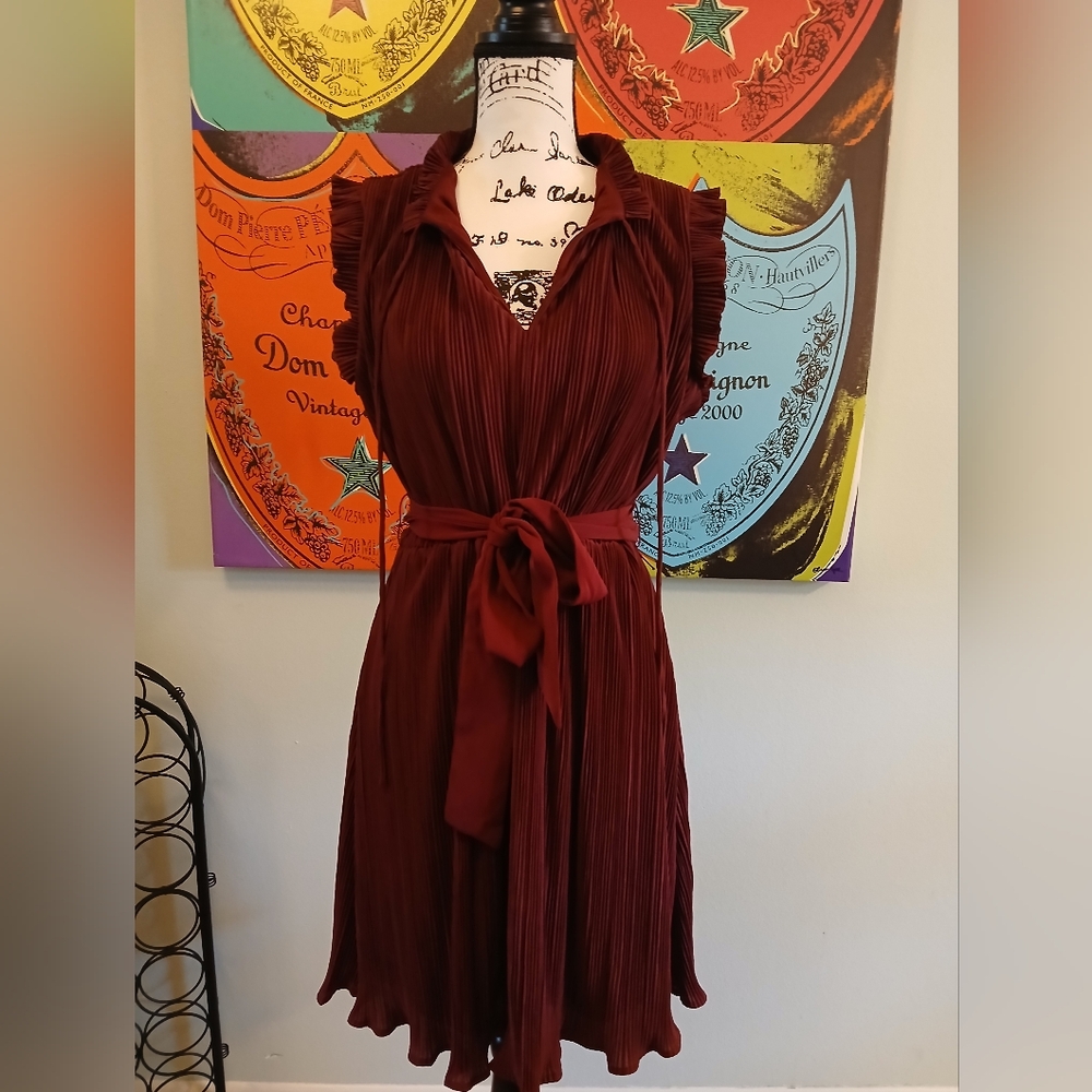 DKNY Red Pleated Midi Dress with Flutter Sleeves